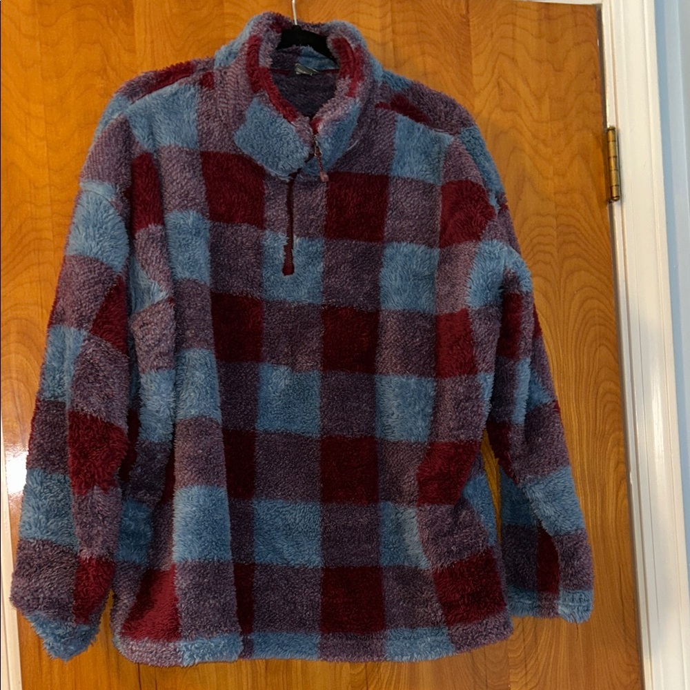 Eddie Bauer Burgundy and Blue Plaid Zip Up Sweater